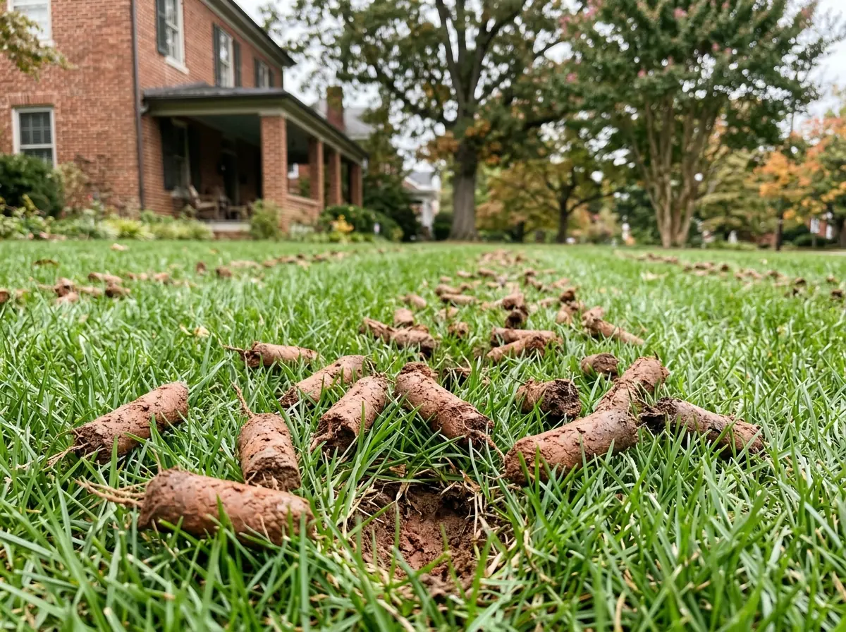 Close-up of soil plugs pulled by a core aerator lying on a green fescue lawn, with small open holes between them