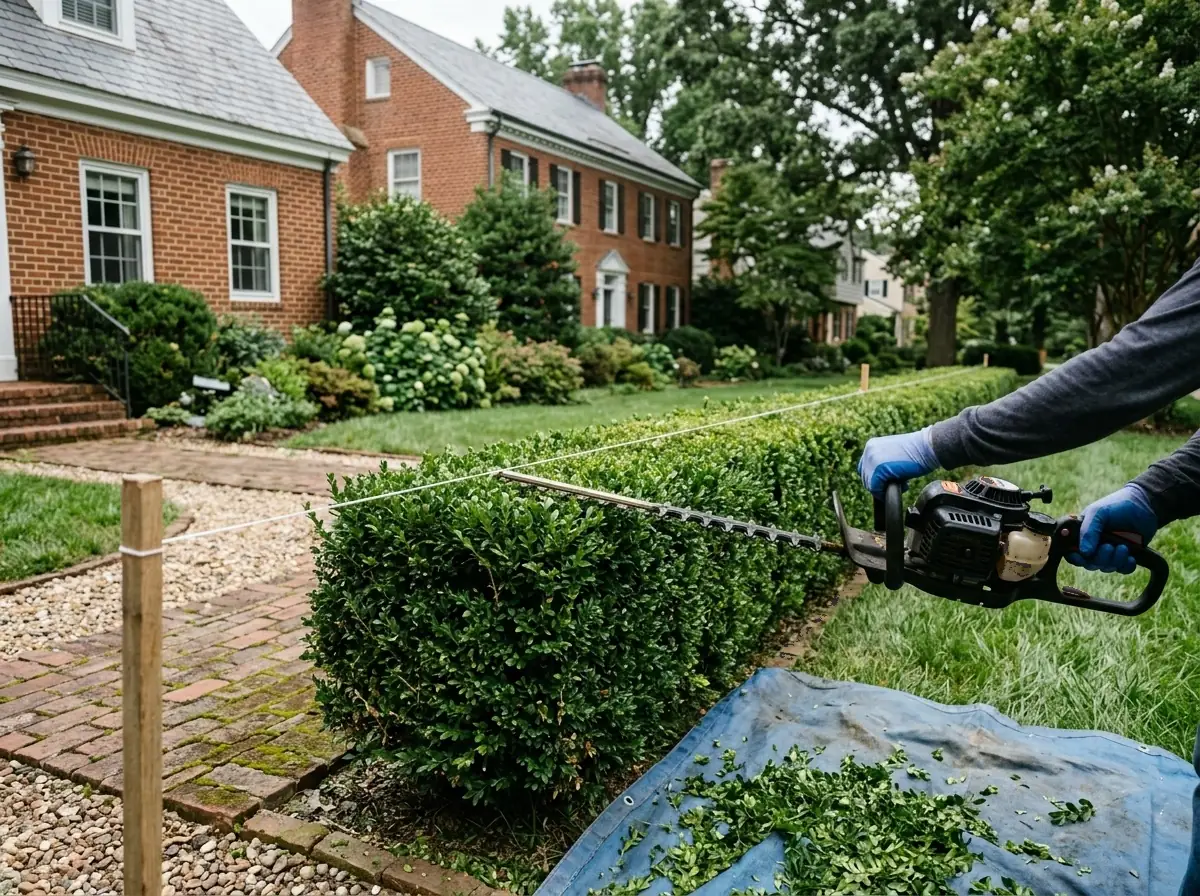 Gloved hands running a hedge trimmer along the top of a boxwood hedge beside a brick walkway, with a string line marking the height