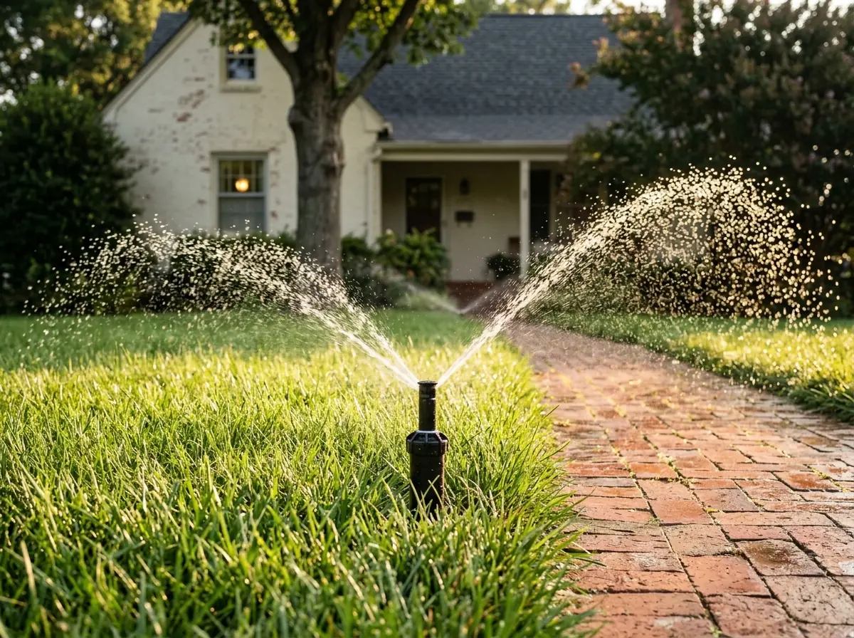 Pop-up rotor sprinkler head spraying an arc of water across a tall fescue lawn in early morning light beside a brick walkway