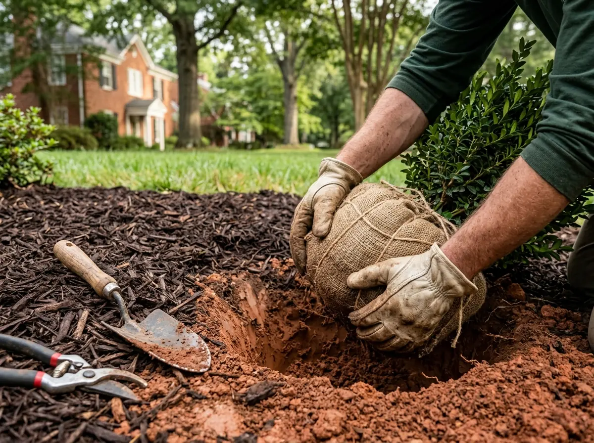 Gloved hands setting a burlap-wrapped boxwood root ball into red clay soil beside a mulched bed