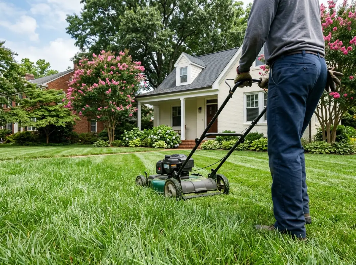 Walk-behind mower cutting a tall fescue lawn in straight stripes in front of a painted brick house with crape myrtles