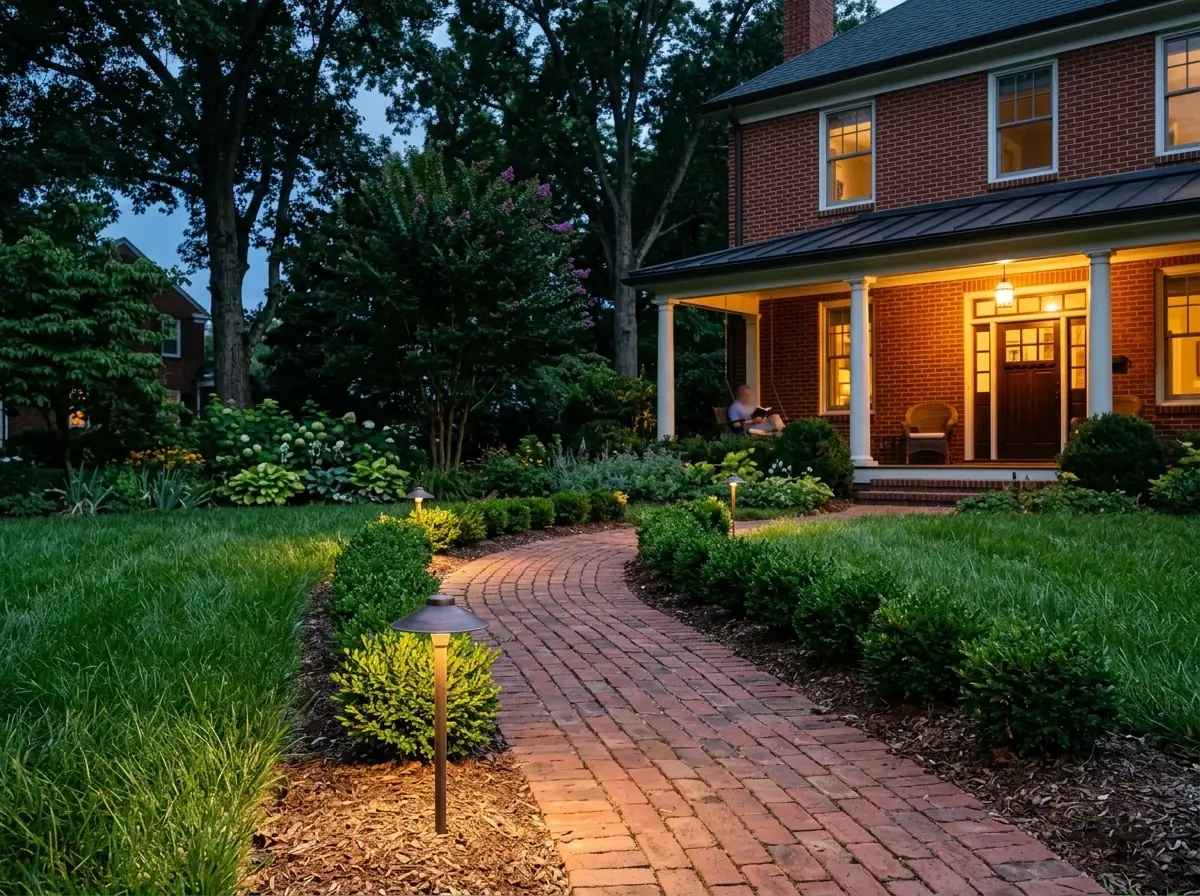 Low bronze path lights casting pools of warm light along a brick walkway through a boxwood-lined front bed at dusk